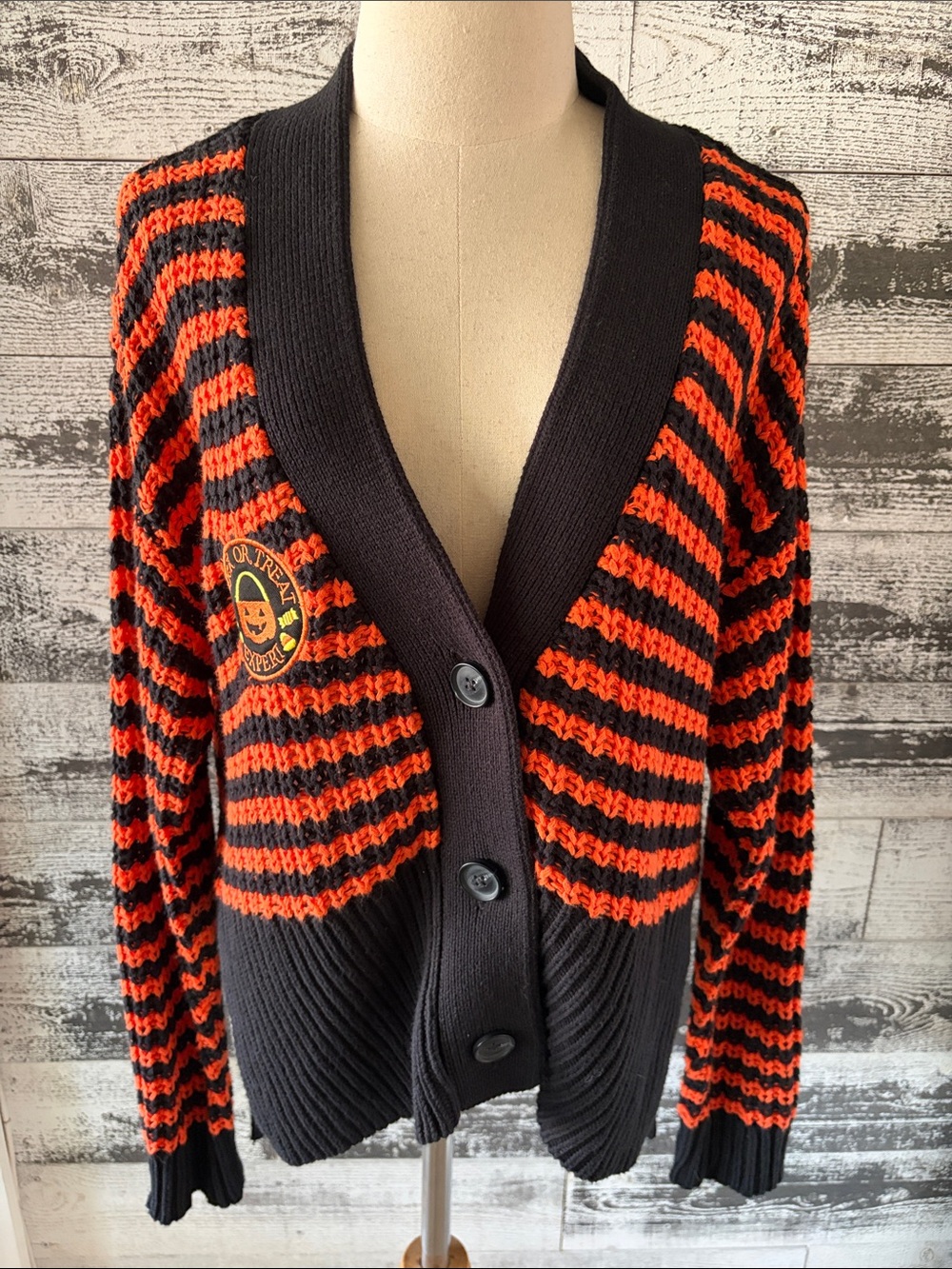 Black Thorn Women's Black & Orange Striped Cardigan Sweater with Pumpkin Patch